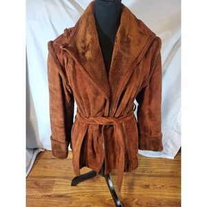 Vtge 1970s Montgomery Ward The Tannery Red Leather Suade Belted Jacket Sze Large